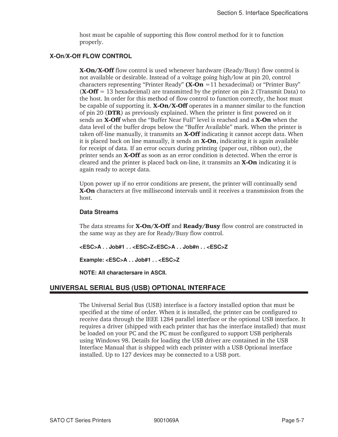 SATO 410, 400 manual Universal Serial BUS USB Optional Interface, On/X-Off Flow Control, Data Streams 