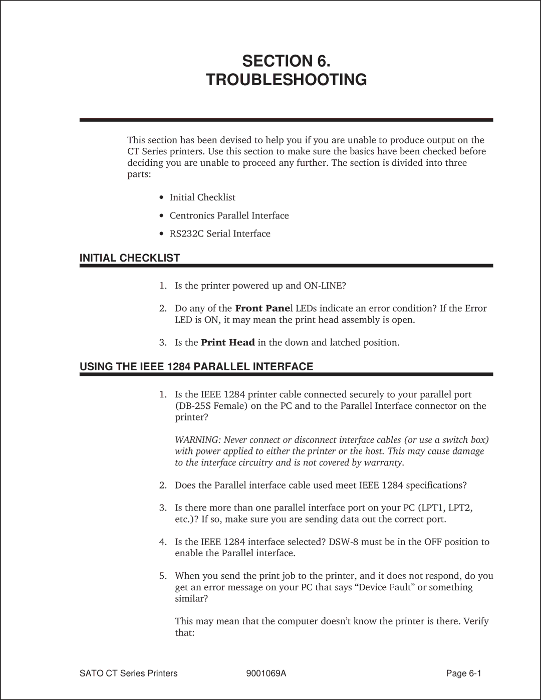 SATO 400, 410 manual Initial Checklist, Using the Ieee 1284 Parallel Interface 