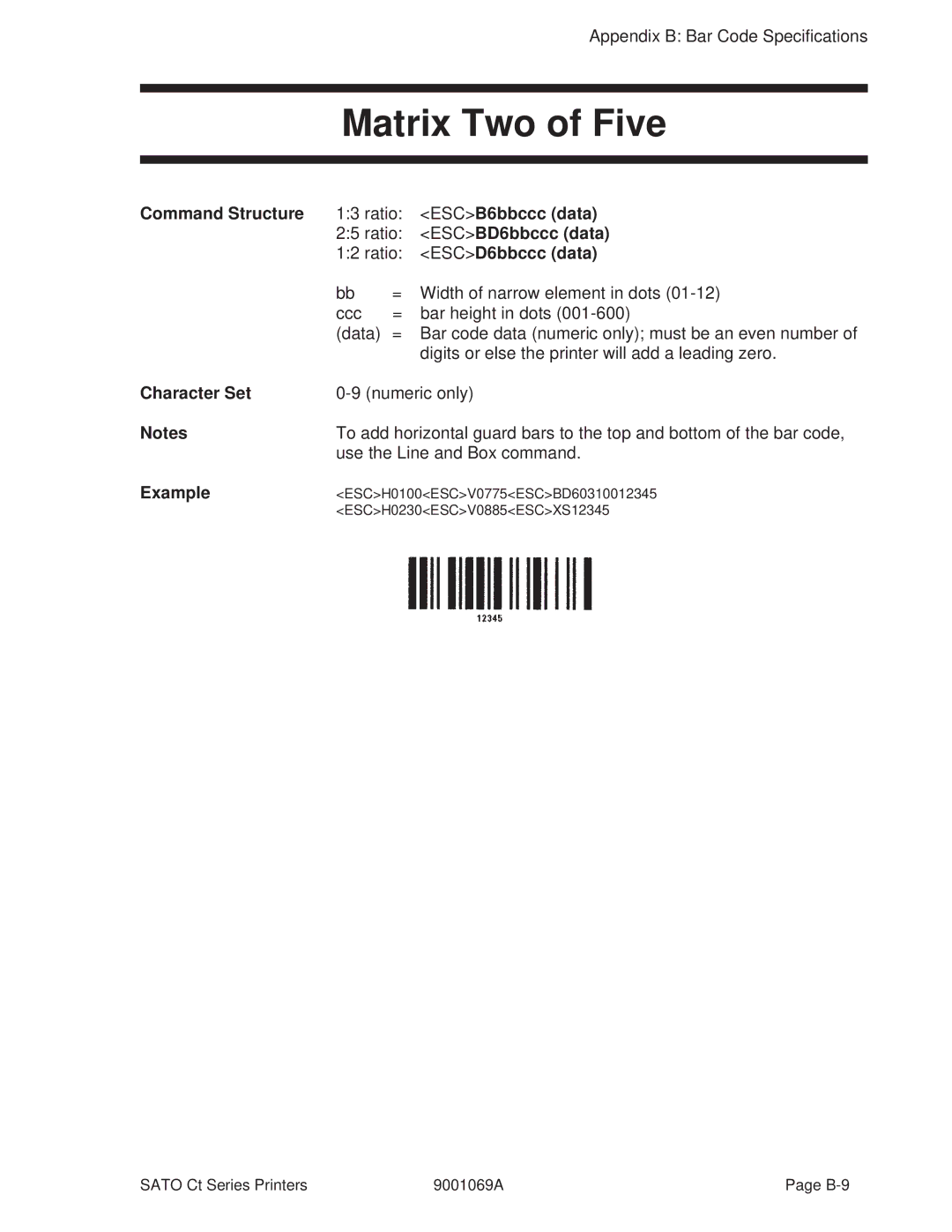 SATO 400, 410 manual Matrix Two of Five, ESCB6bbccc data, ESCBD6bbccc data, ESCD6bbccc data 