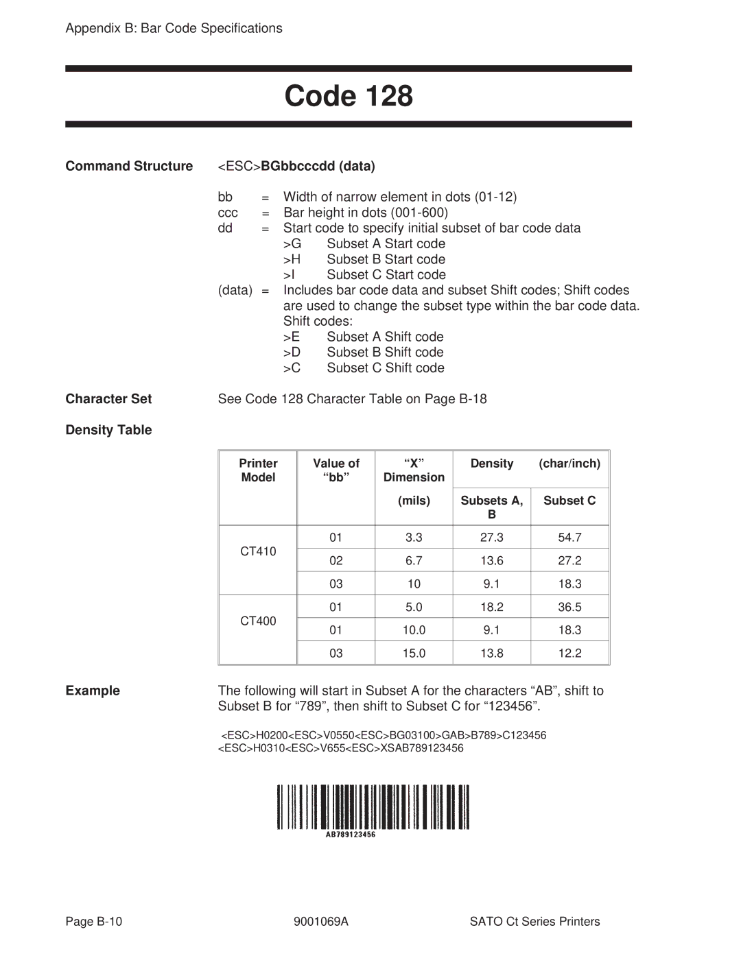 SATO 410, 400 manual Command Structure ESCBGbbcccdd data, Density Char/inch Model Dimension Mils Subsets a Subset C 