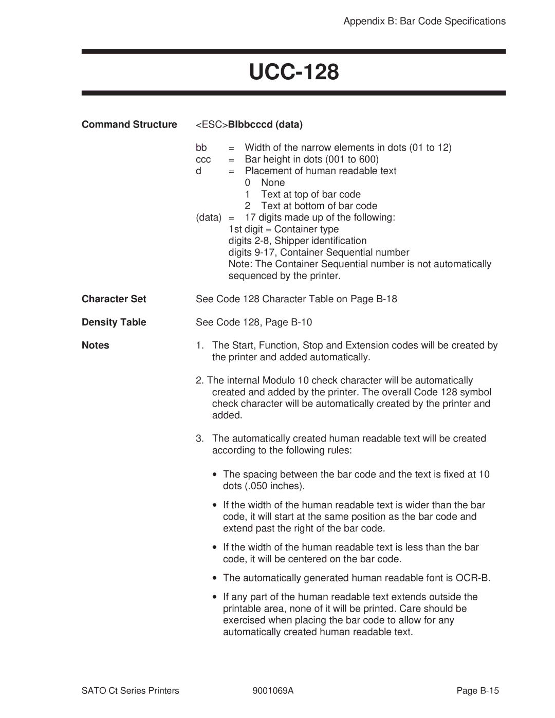 SATO 400, 410 manual UCC-128, Command Structure ESCBIbbcccd data 