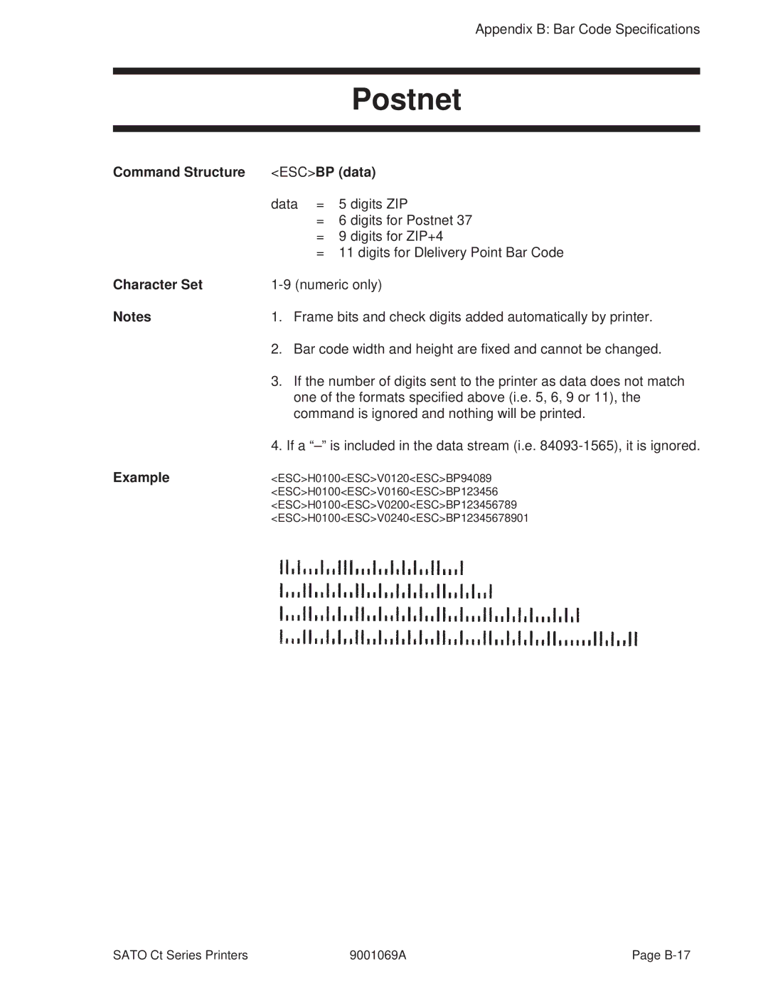 SATO 400, 410 manual Postnet, Command Structure Escbp data 