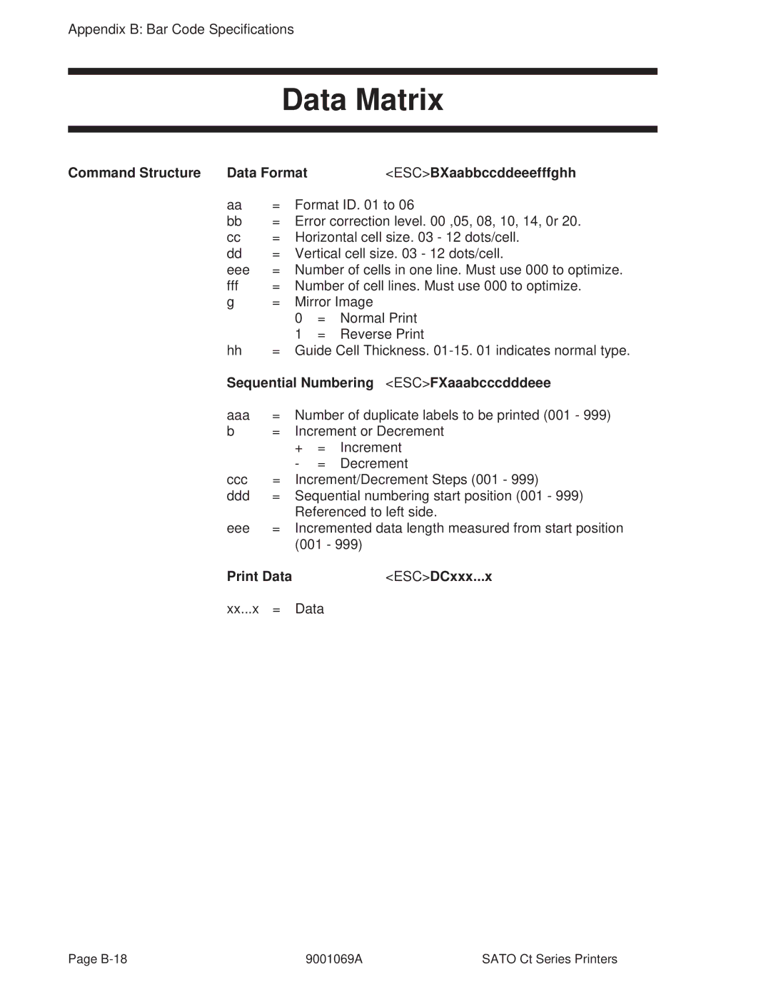 SATO 410, 400 manual Data Matrix, Command Structure Data Format, Sequential Numbering ESCFXaaabcccdddeee, Print Data 