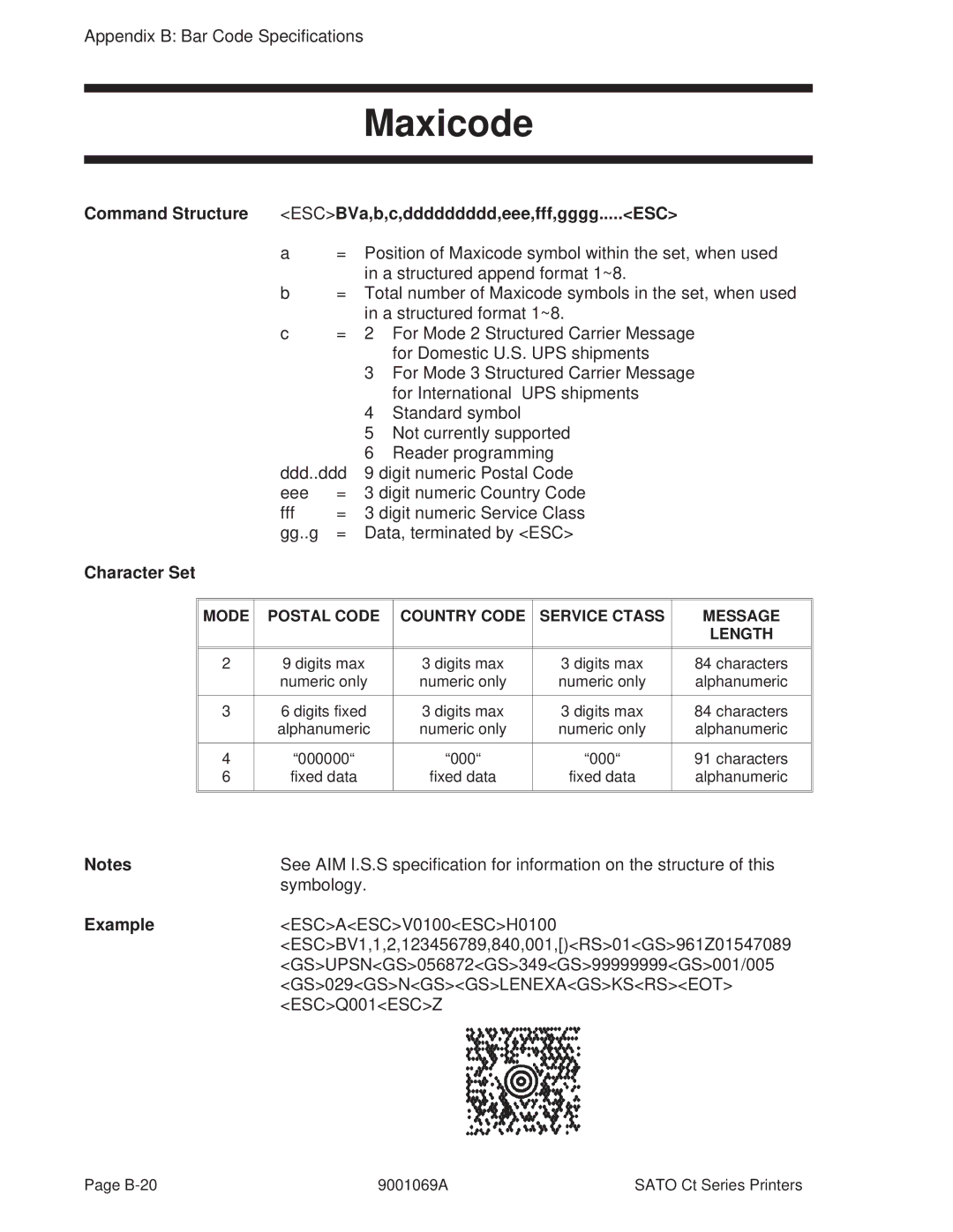 SATO 410, 400 manual Maxicode, Mode Postal Code Country Code Service Ctass Message Length 