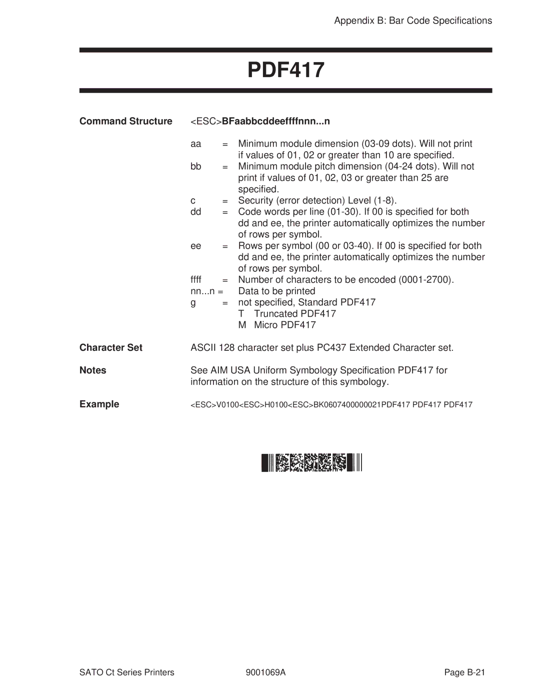 SATO 400, 410 manual Command Structure ESCBFaabbcddeeffffnnn...n 