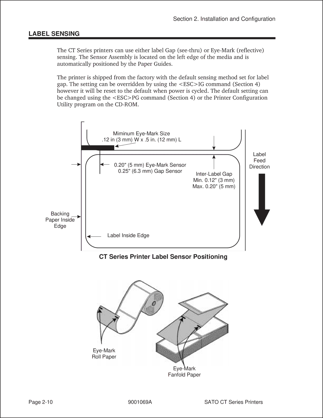 SATO 400, 410 manual Label Sensing, CT Series Printer Label Sensor Positioning 