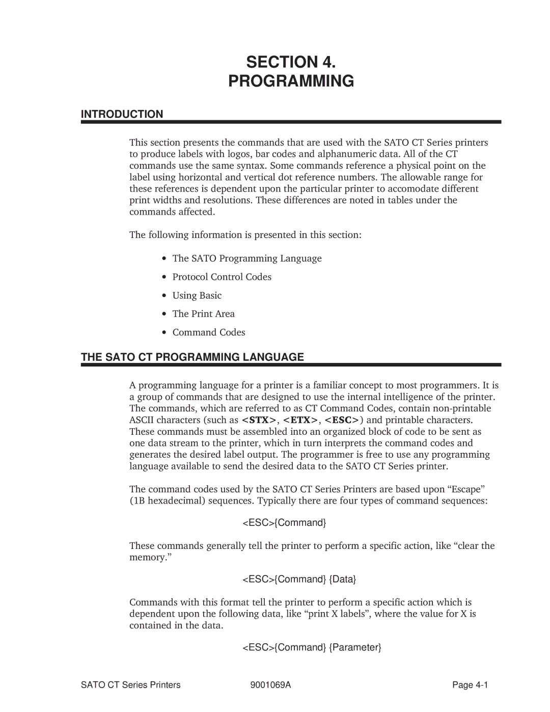 SATO 410, 400 manual Section Programming, Sato CT Programming Language 