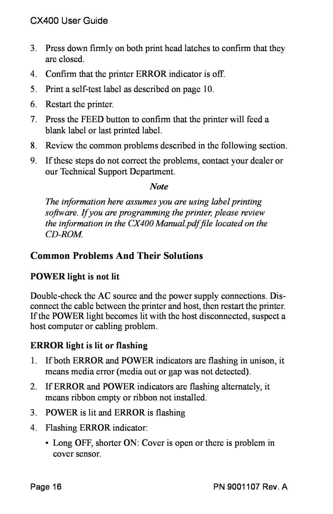 SATO 400 manual Common Problems And Their Solutions, POWER light is not lit, ERROR light is lit or flashing 