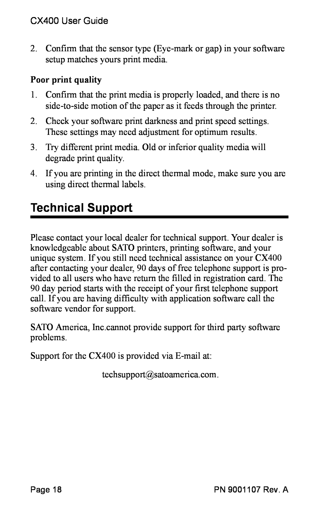 SATO 400 manual Technical Support, Poor print quality 