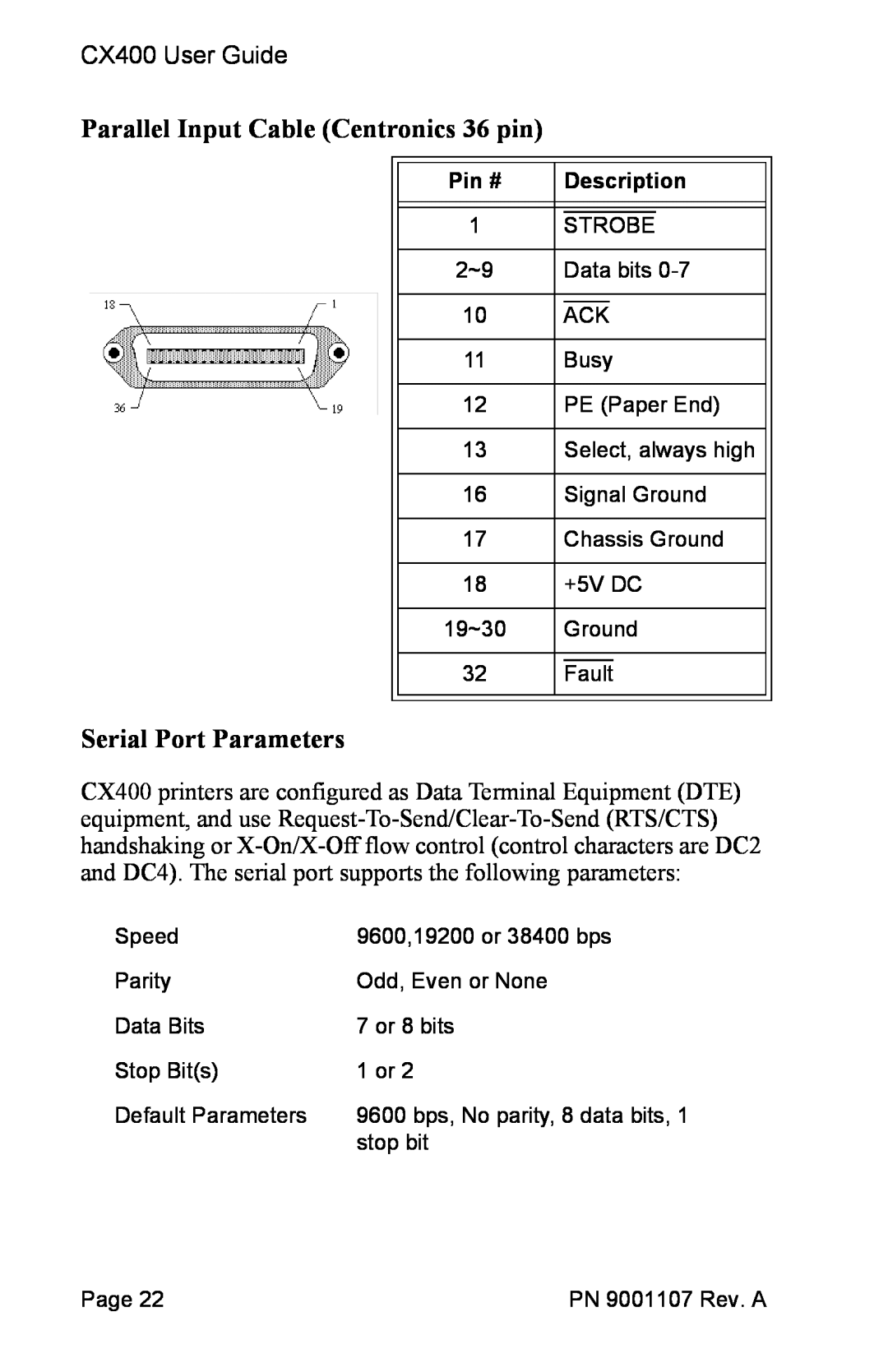 SATO 400 manual Parallel Input Cable Centronics 36 pin, Serial Port Parameters 