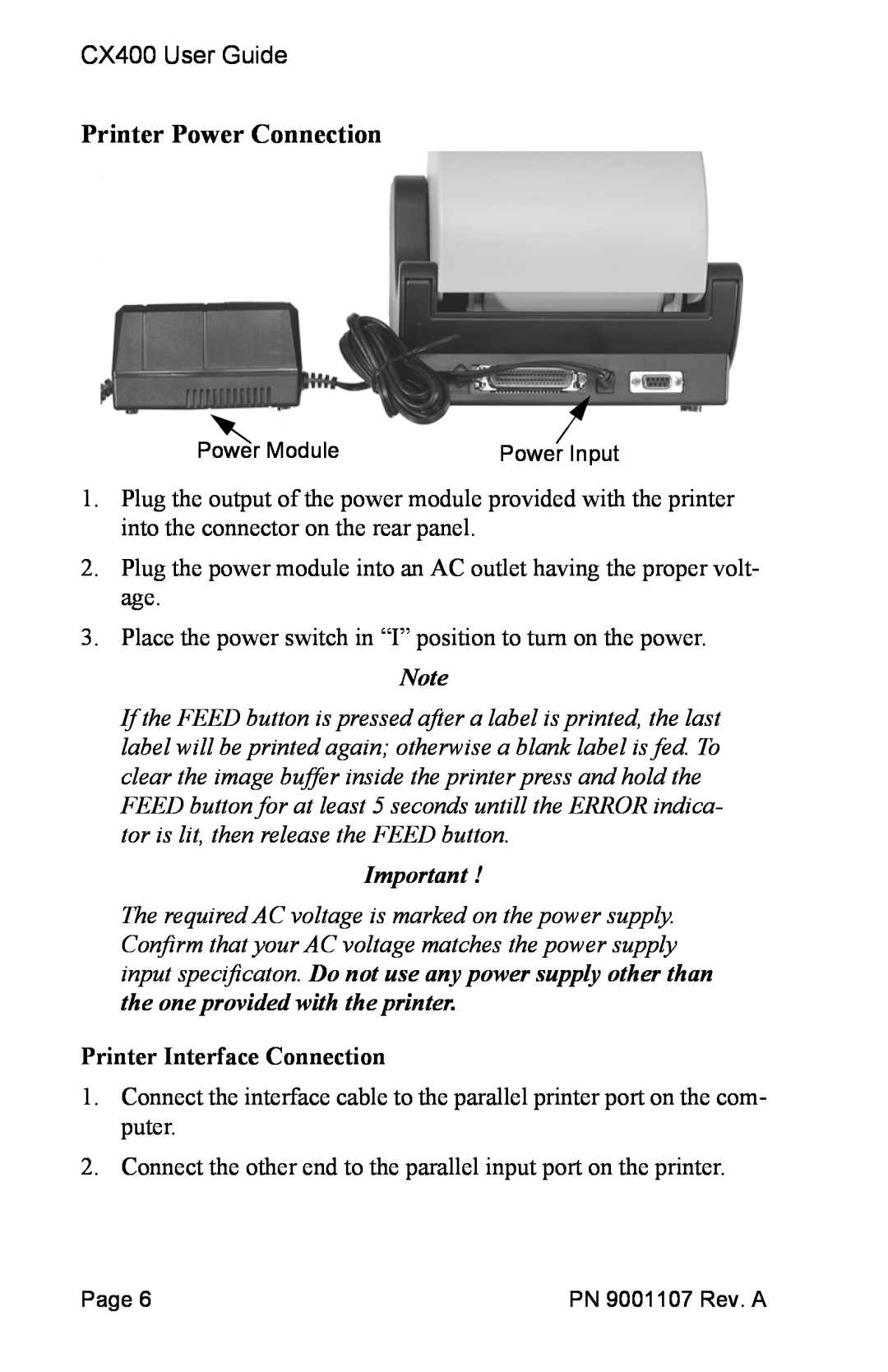 SATO 400 manual Printer Power Connection, Printer Interface Connection 