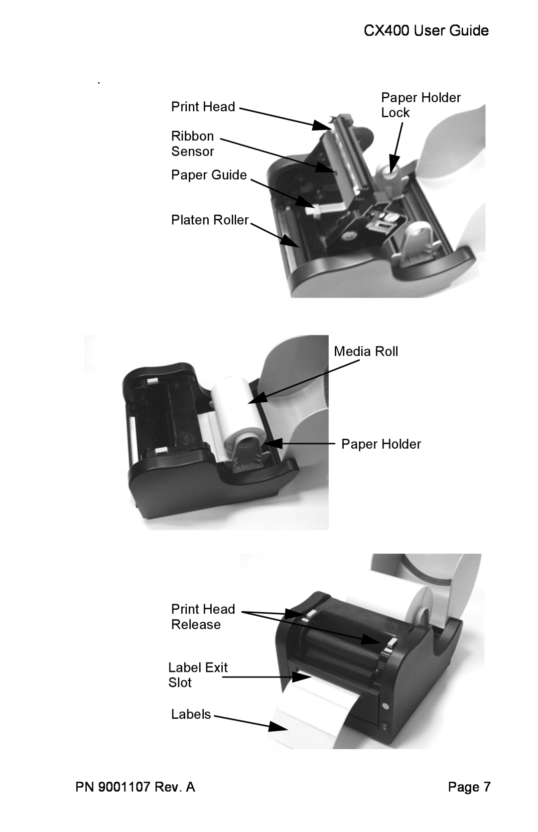 SATO CX400 User Guide, Print Head, Lock, Ribbon Sensor Paper Guide Platen Roller Media Roll Paper Holder, Page 