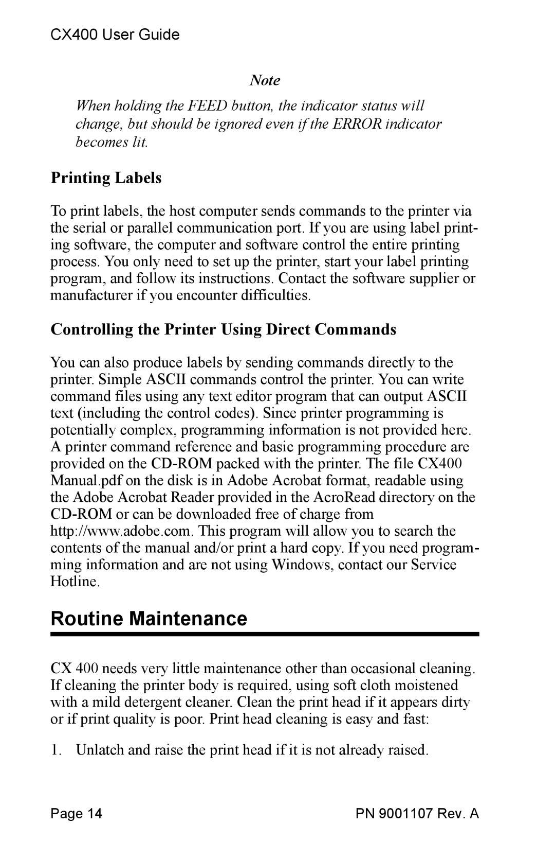 SATO 400 manual Routine Maintenance, Printing Labels, Controlling the Printer Using Direct Commands 