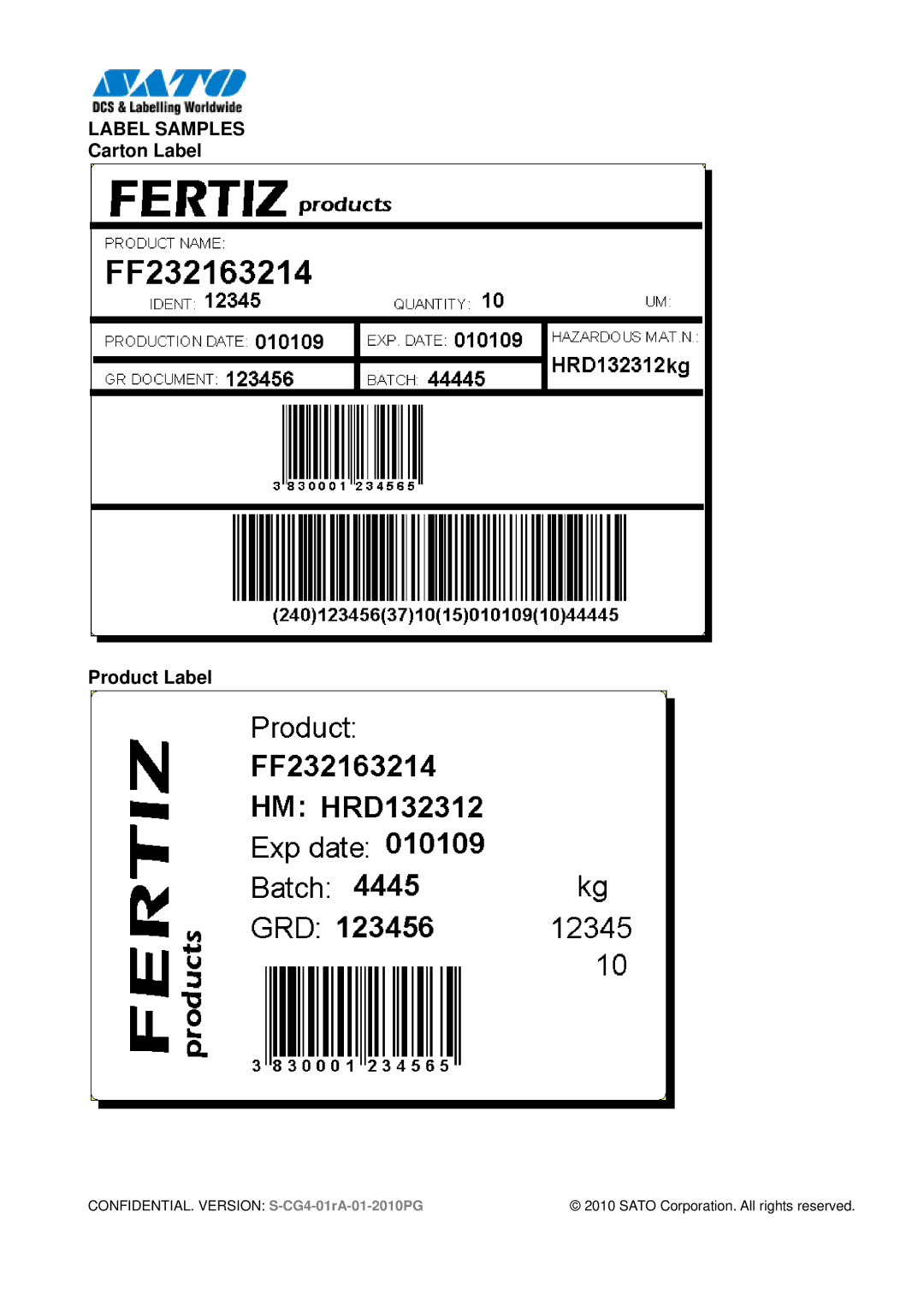 SATO CG412, 408 manual Label Samples, Carton Label Product Label 