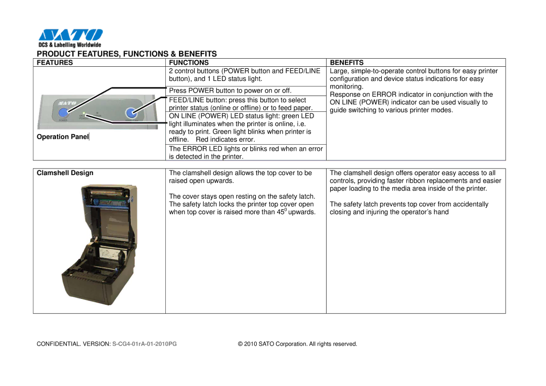 SATO 408, CG412 manual Product FEATURES, Functions & Benefits, Clamshell Design 