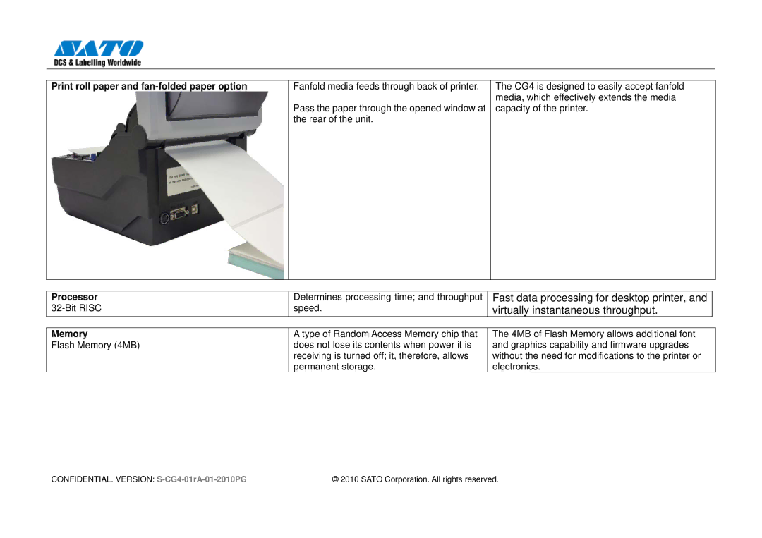 SATO 408, CG412 manual Print roll paper and fan-folded paper option, Processor, Memory 