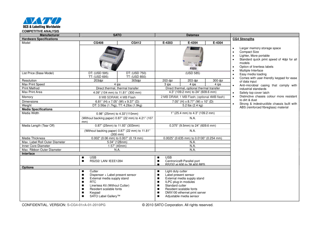 SATO Manufacturer, Datamax Hardware Specifications CG4 Strengths, CG408 CG412 4203 4204 4304, Media Specifications 