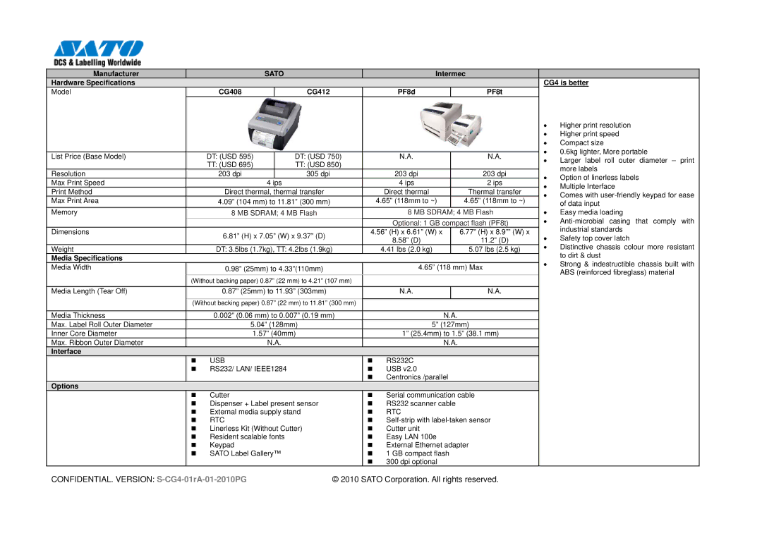 SATO manual Intermec Hardware Specifications CG4 is better, CG408 CG412 PF8d PF8t 