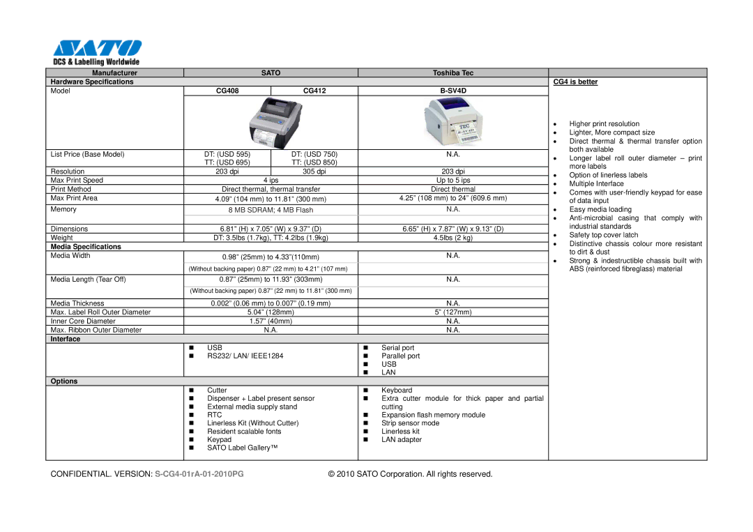 SATO 408, CG412 manual Toshiba Tec Hardware Specifications CG4 is better, SV4D 