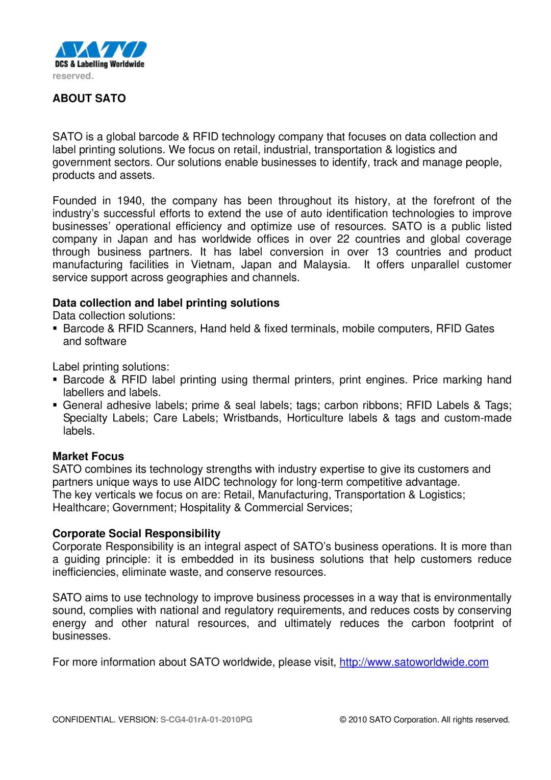 SATO 408, CG412 About Sato, Data collection and label printing solutions, Market Focus, Corporate Social Responsibility 