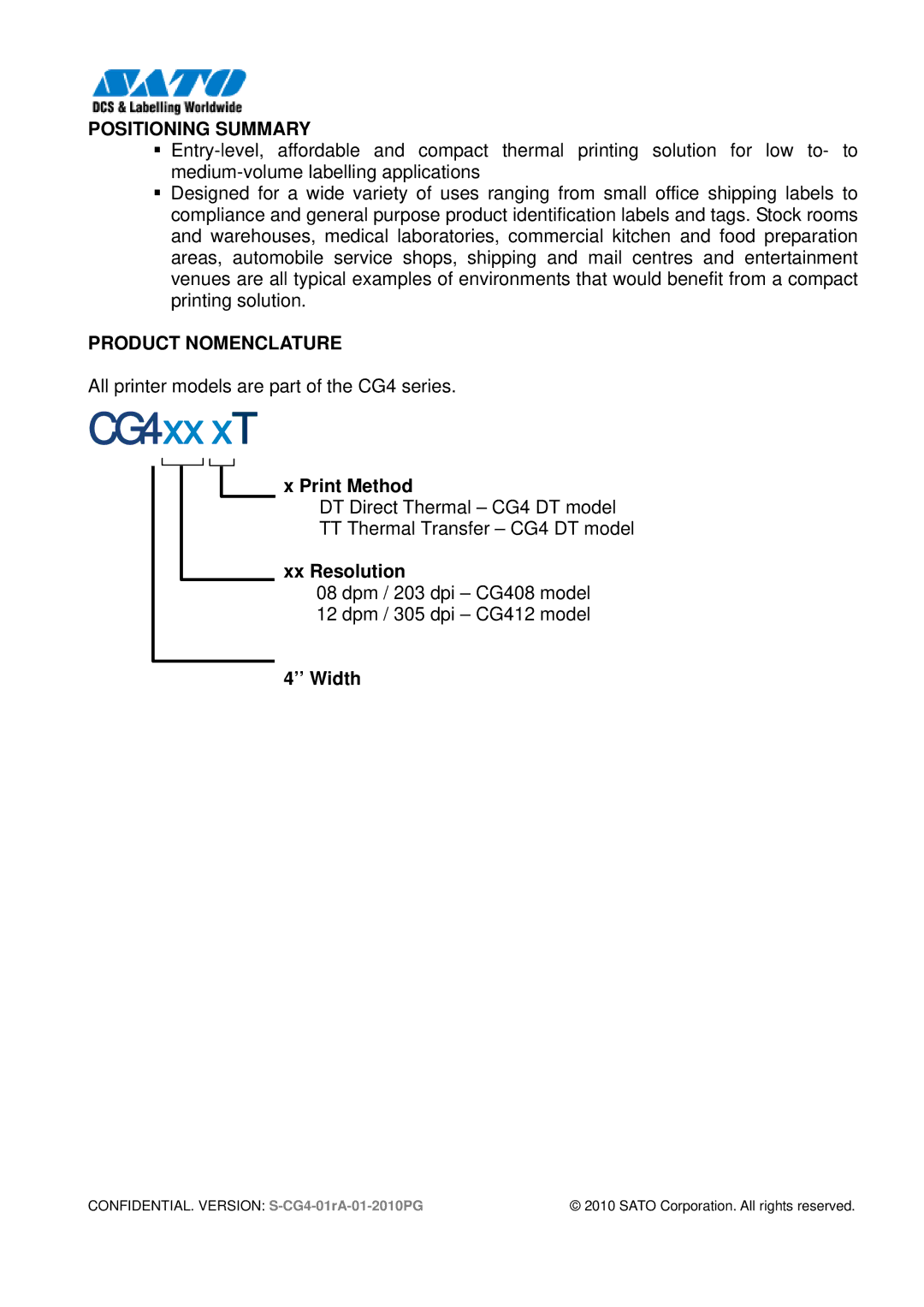 SATO CG412, 408 manual Print Method, Xx Resolution, ’’ Width 