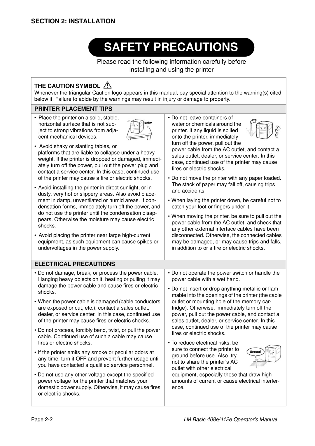 SATO 408e, 412E manual Printer Placement Tips, Electrical Precautions 