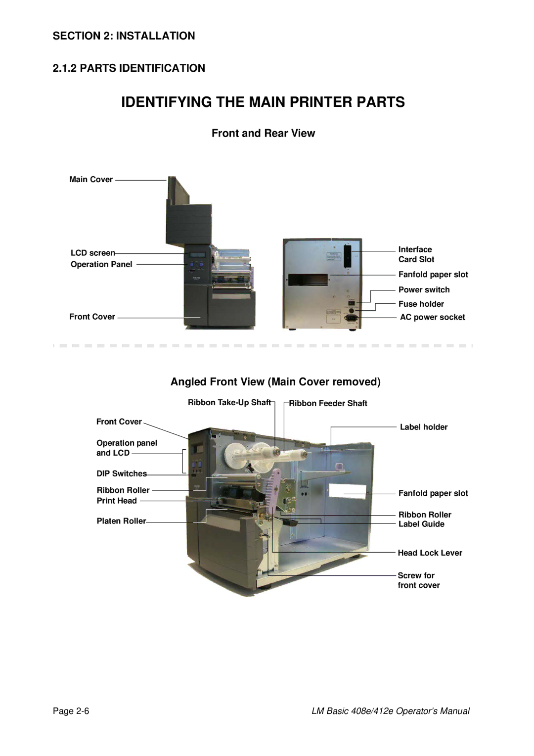 SATO 408e, 412E manual Identifying the Main Printer Parts, Installation Parts Identification 