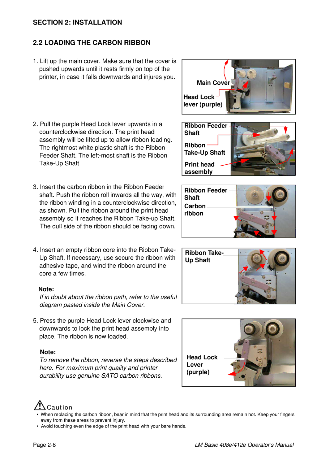 SATO 408e, 412E manual Installation Loading the Carbon Ribbon 