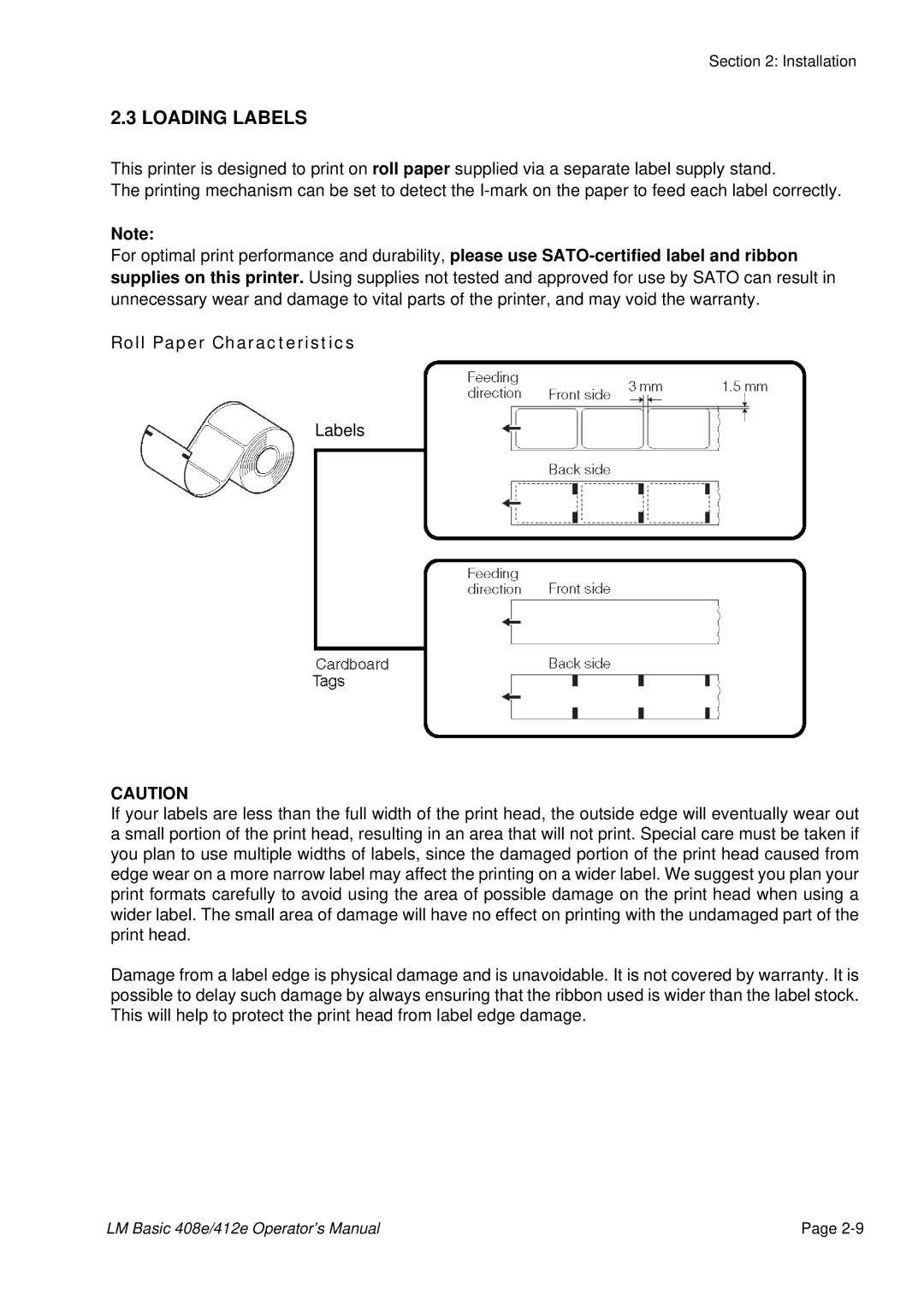 SATO 412E, 408e manual Loading Labels, Roll Paper Characteristics 