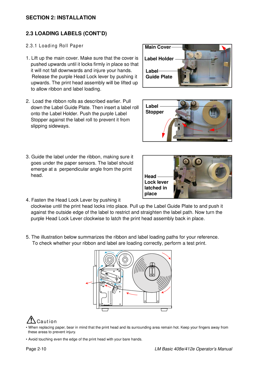 SATO 408e, 412E manual Installation Loading Labels CONT’D, Loading Roll Paper, Main Cover Label Holder Label Guide Plate 