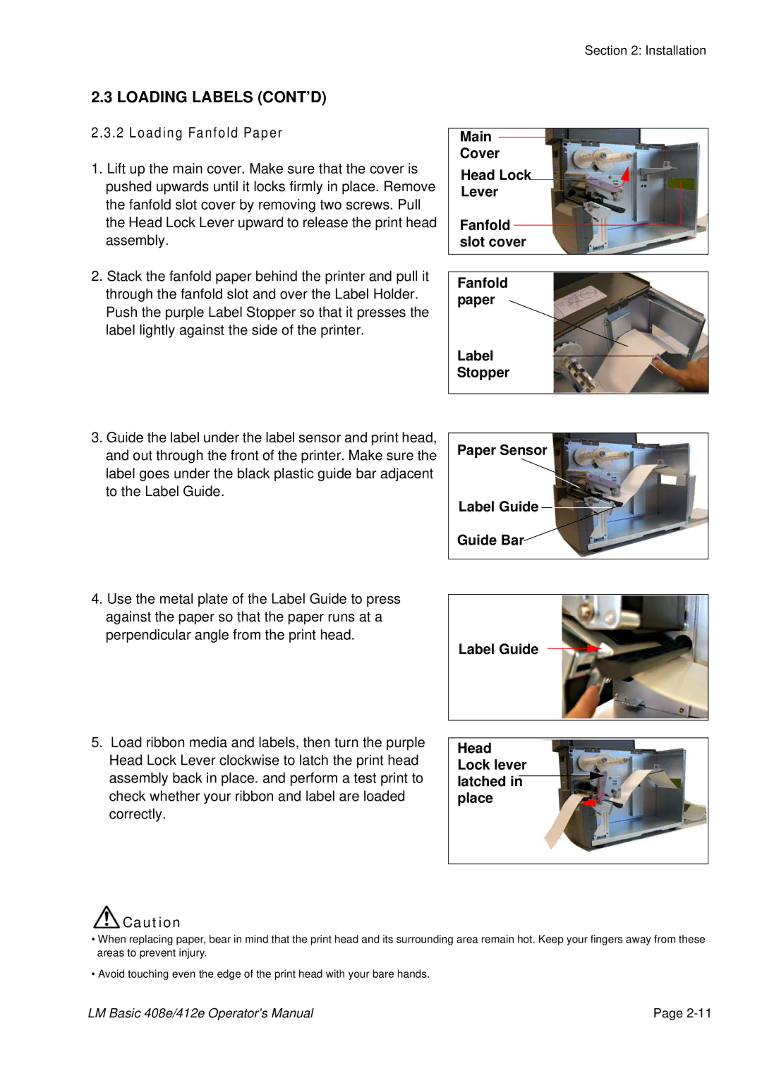 SATO 412E, 408e manual Loading Fanfold Paper 