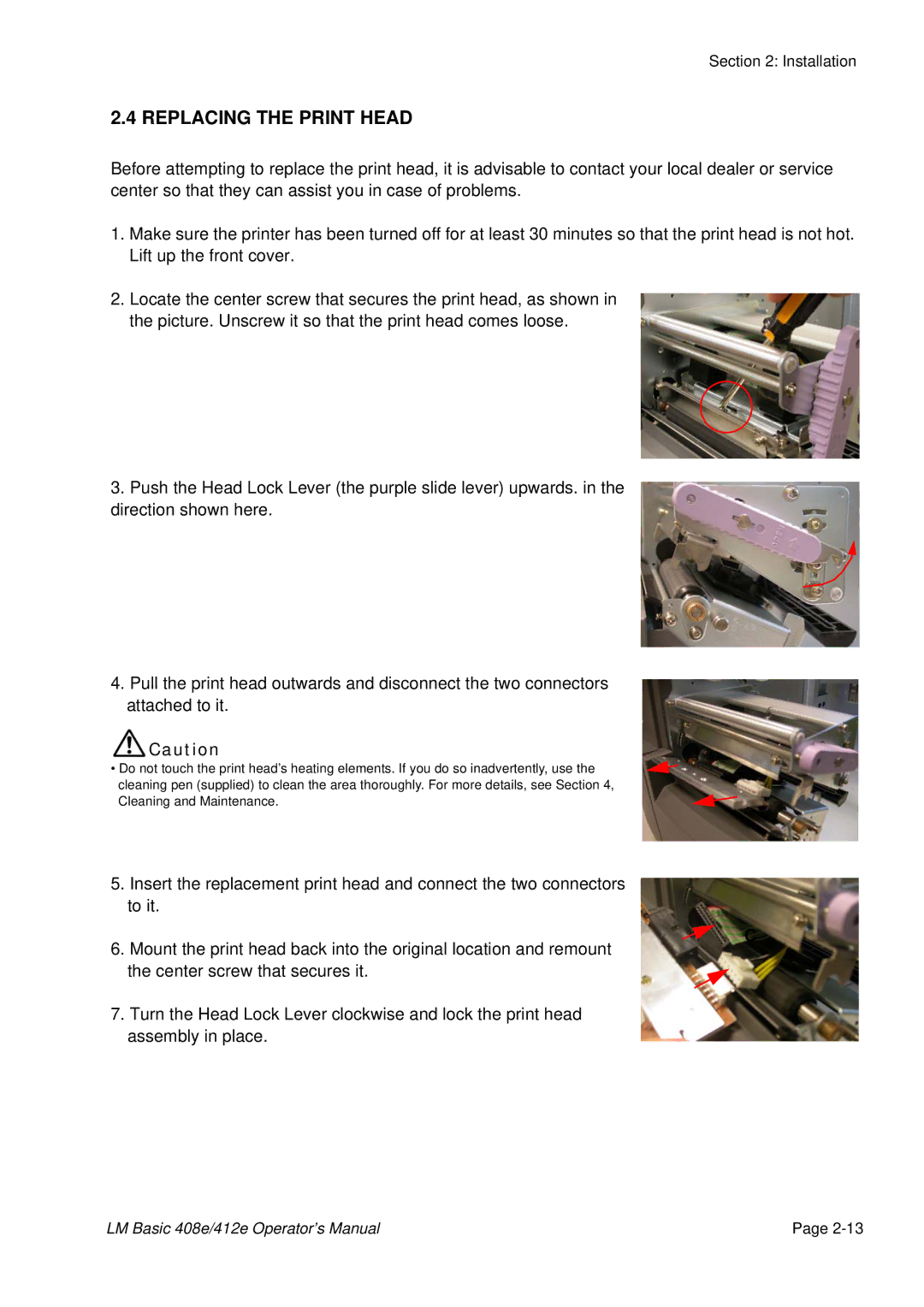 SATO 412E, 408e manual Replacing the Print Head 