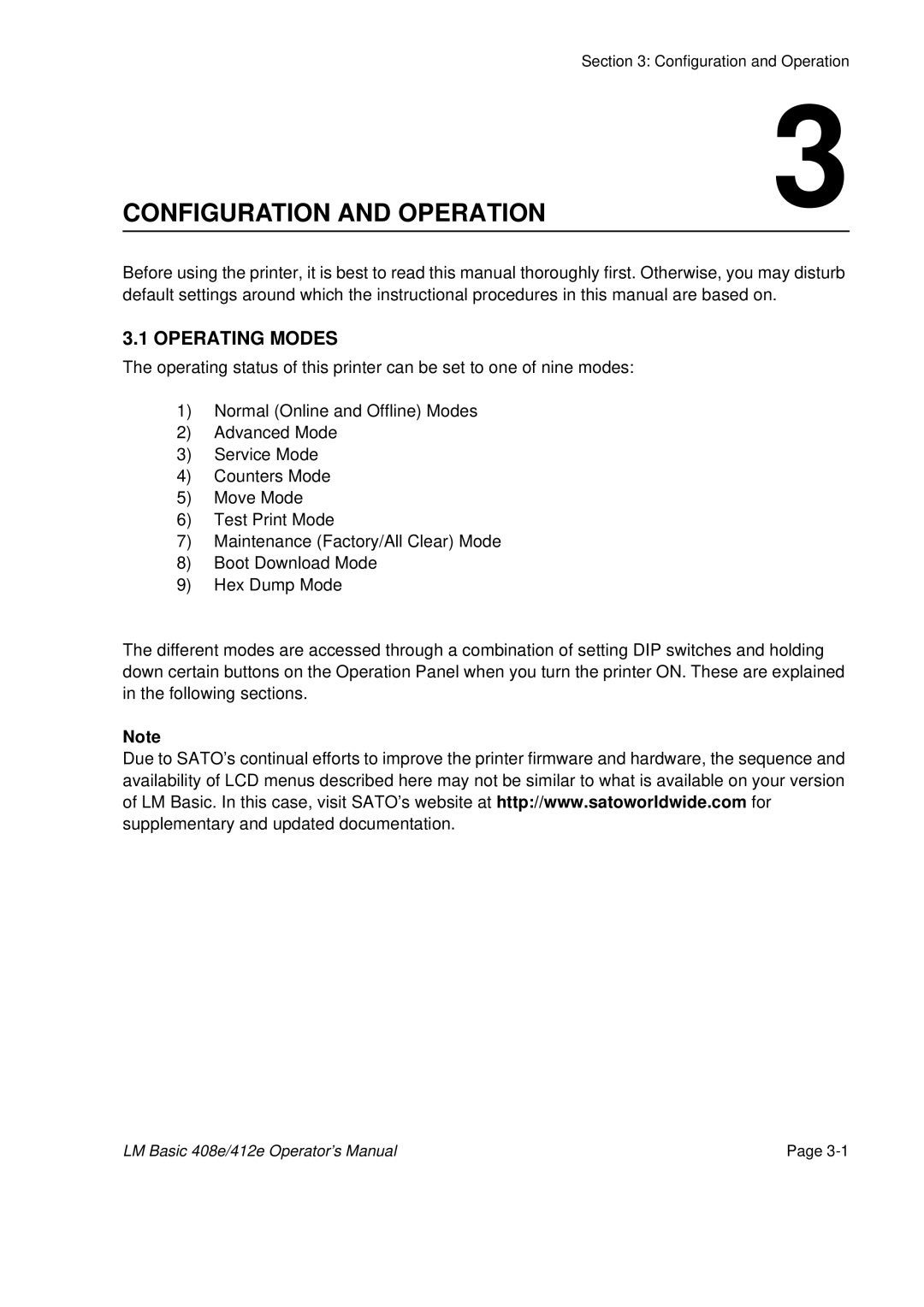 SATO 412E, 408e manual Configuration and Operation, Operating Modes 