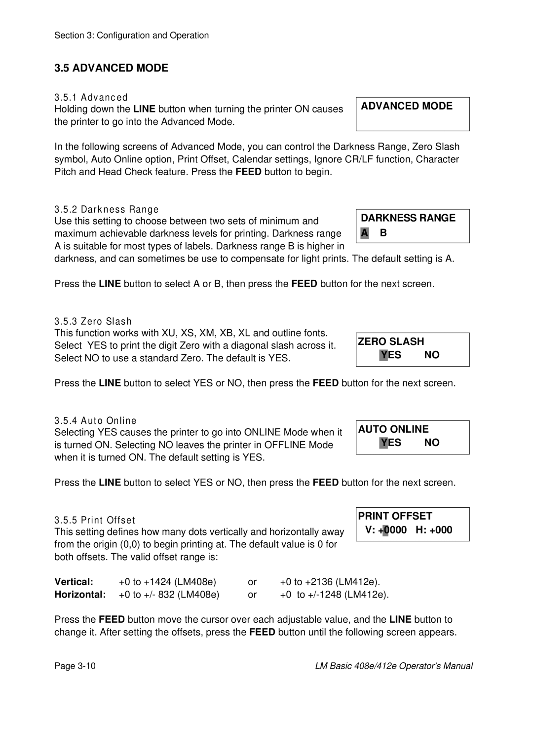 SATO 408e, 412E manual Advanced Mode, Zero Slash YES no, Auto Online YES no, Print Offset 