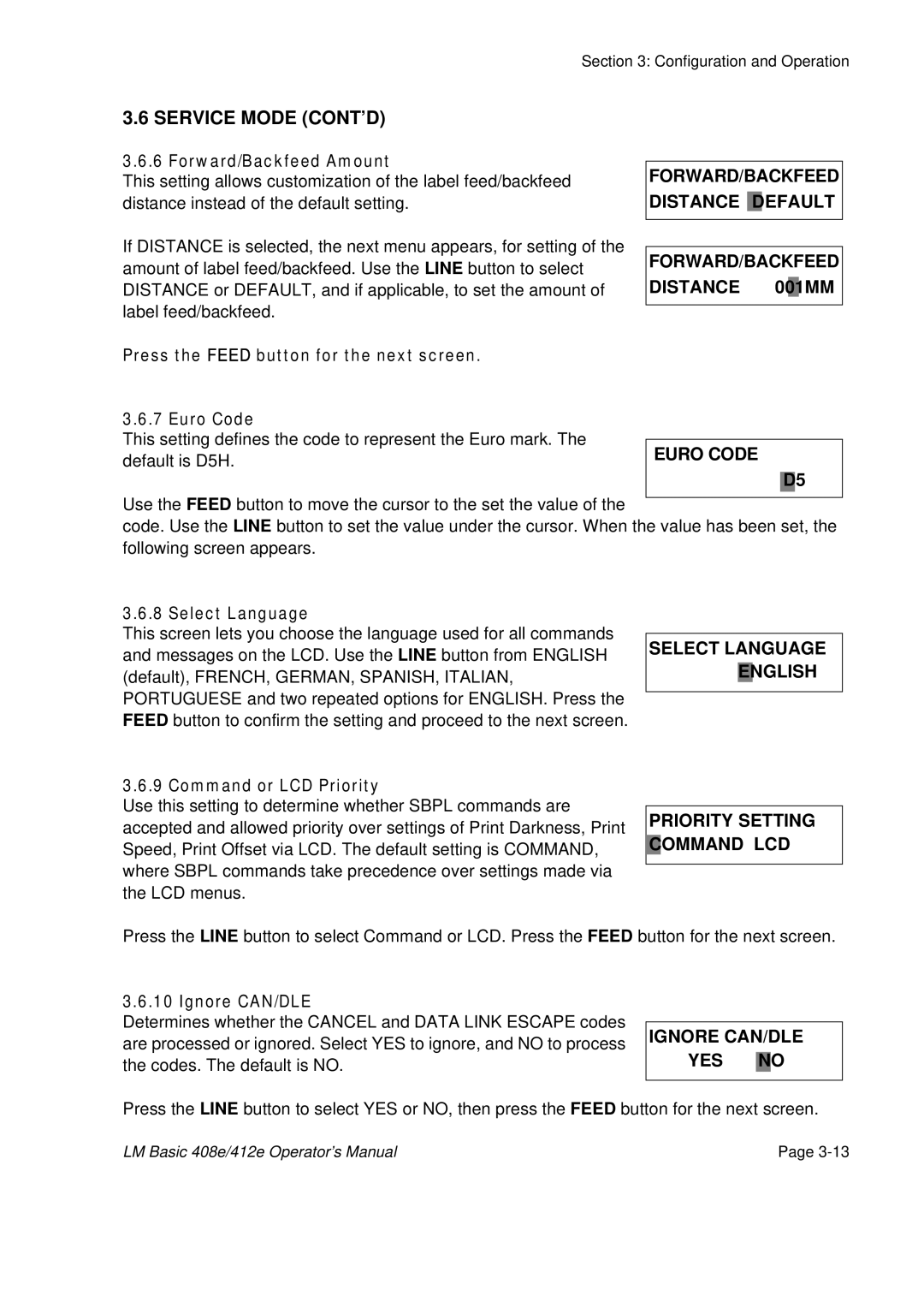 SATO 412E, 408e manual Service Mode CONT’D, Select Language English, Priority Setting Command LCD, Ignore CAN/DLE YES no 