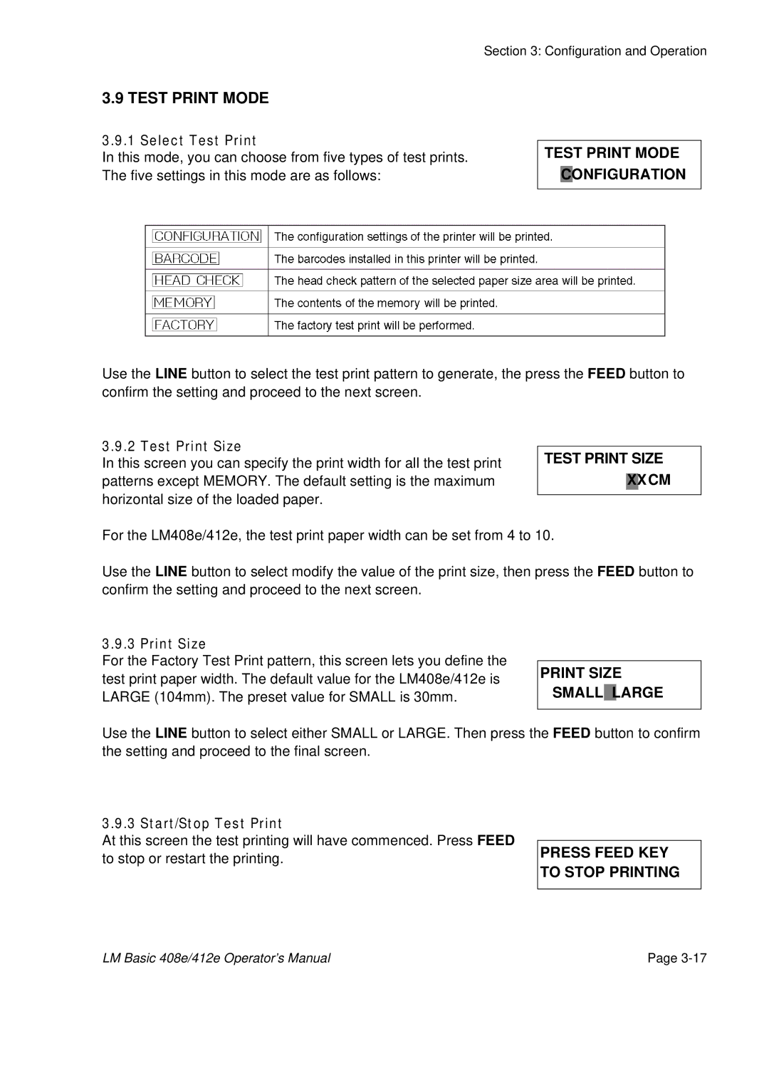 SATO 412E Test Print Mode Configuration, Test Print Size Xxcm, Print Size Small Large, Press Feed KEY to Stop Printing 