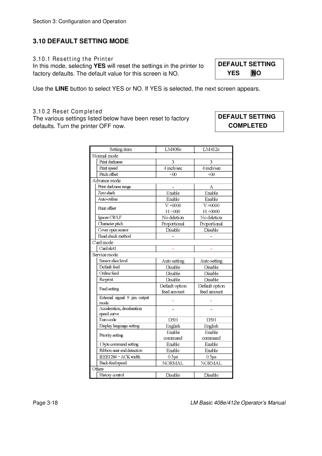 SATO 408e Default Setting Mode, Resetting the Printer, Default Setting YES no, Reset Completed, Default Setting Completed 