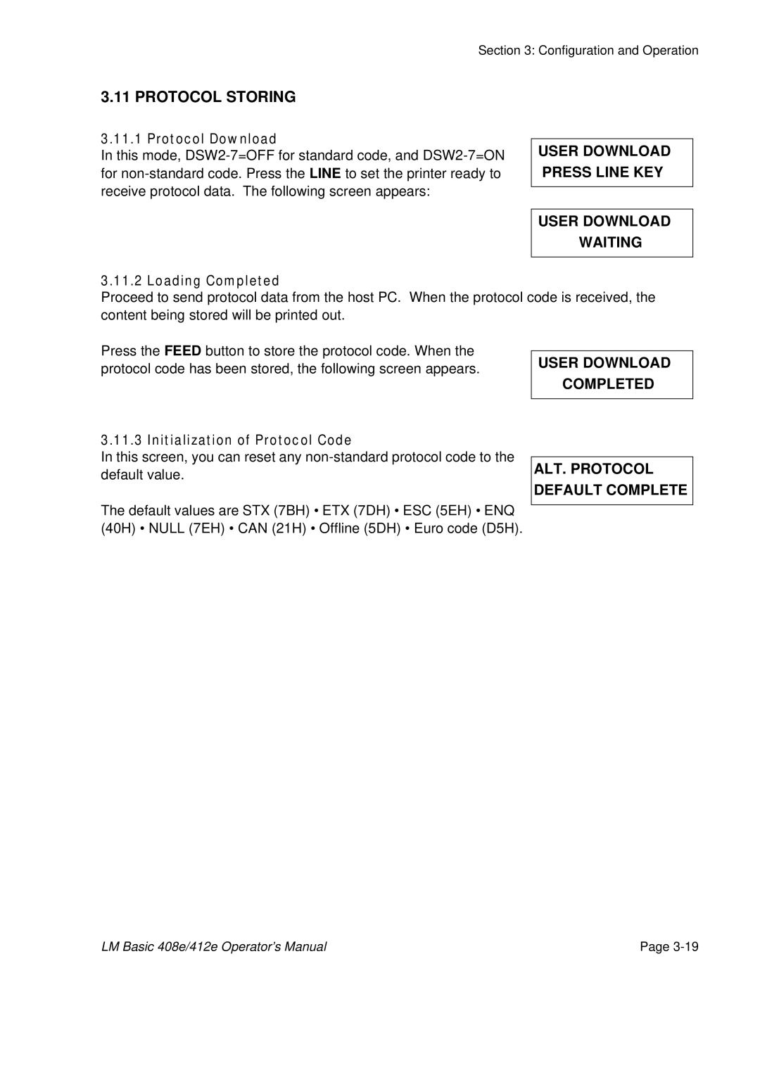 SATO 412E Protocol Storing, User Download Press Line KEY Waiting, User Download Completed ALT. Protocol Default Complete 