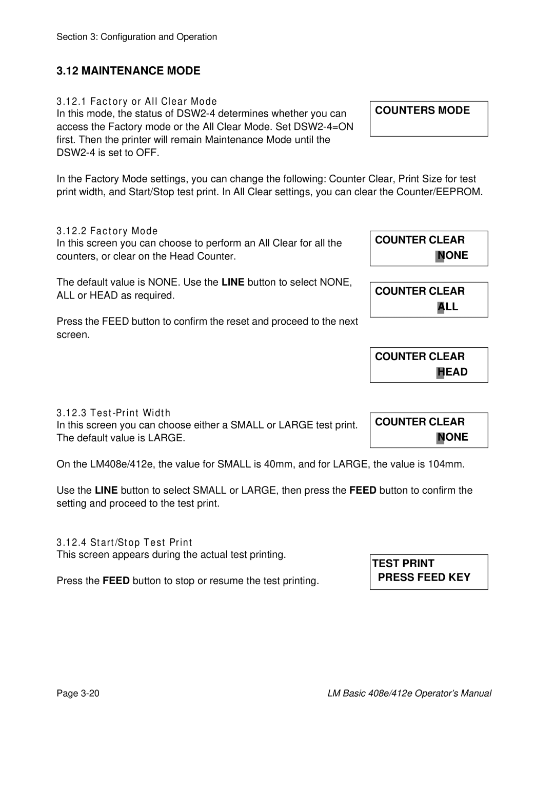 SATO 408e, 412E manual Maintenance Mode, Counter Clear None Counter Clear ALL Counter Clear Head, Test Print Press Feed KEY 