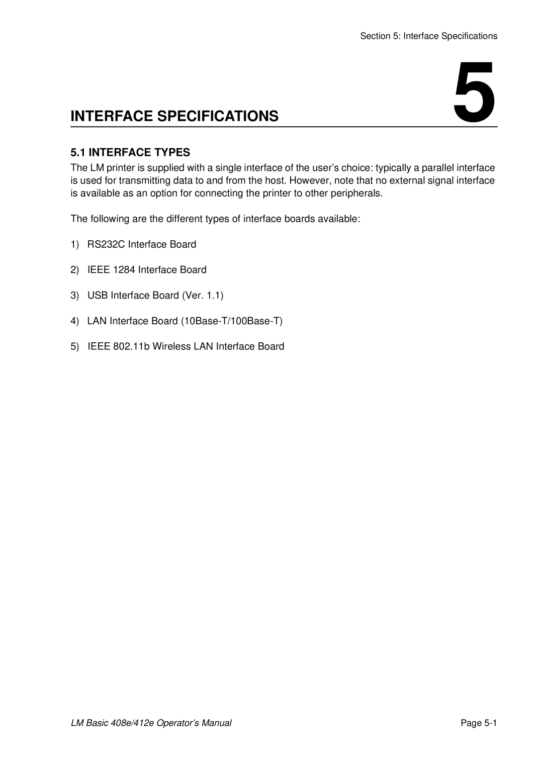 SATO 412E, 408e manual Interface Specifications, Interface Types 