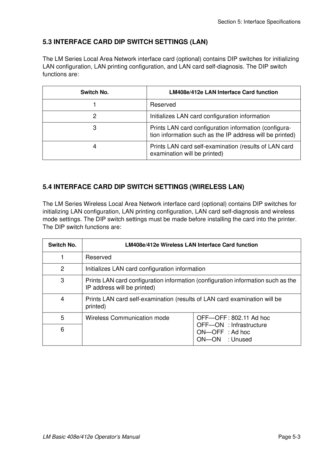 SATO 412E, 408e manual Interface Card DIP Switch Settings LAN, Interface Card DIP Switch Settings Wireless LAN 