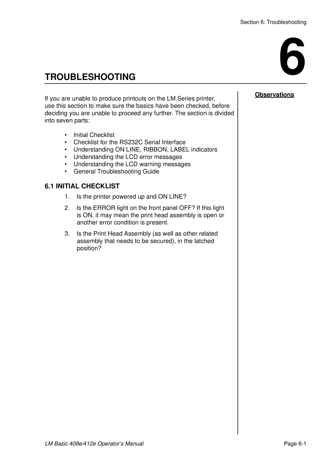 SATO 412E, 408e manual Initial Checklist, Observations 