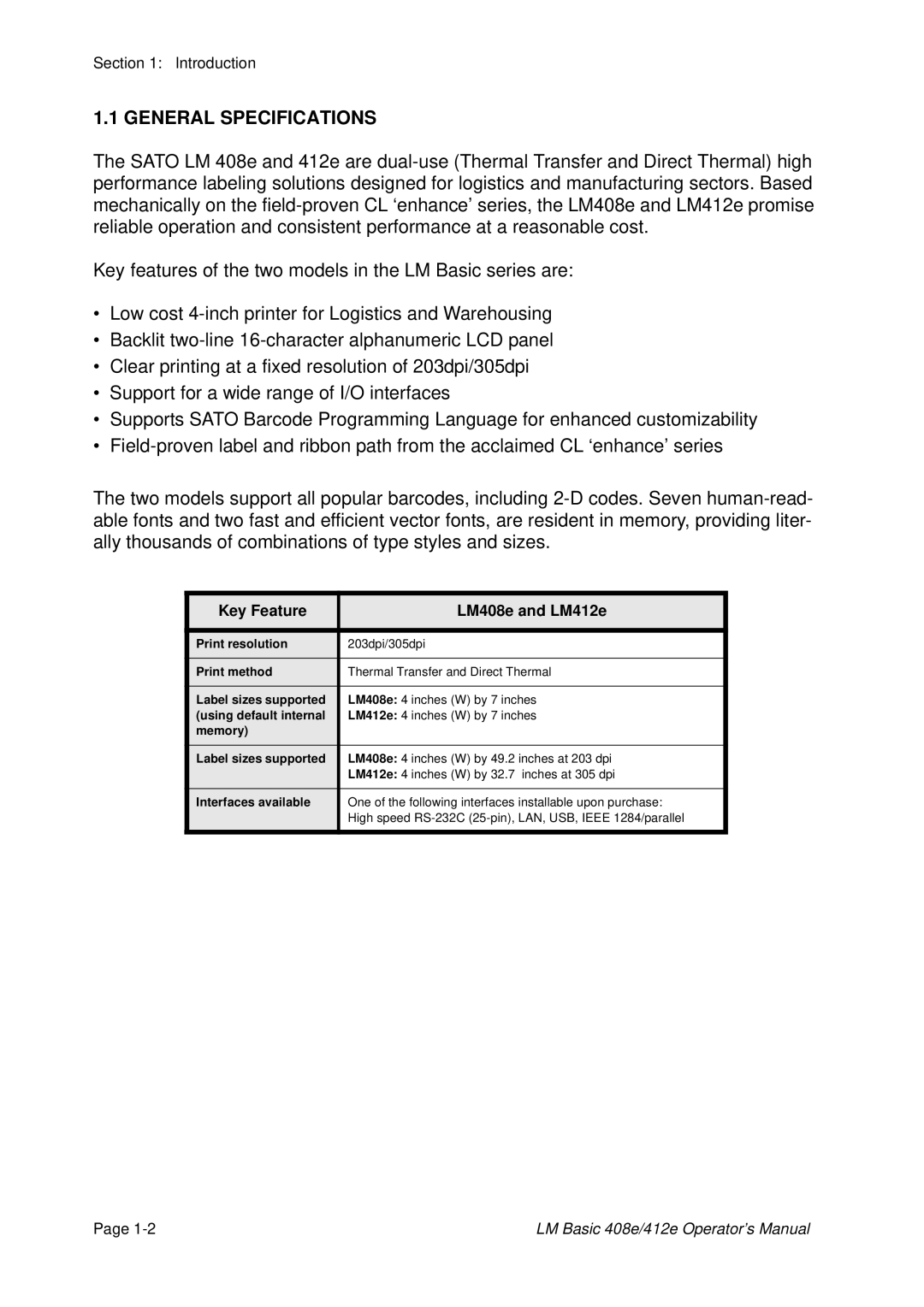 SATO 412E manual General Specifications, Key Feature LM408e and LM412e 