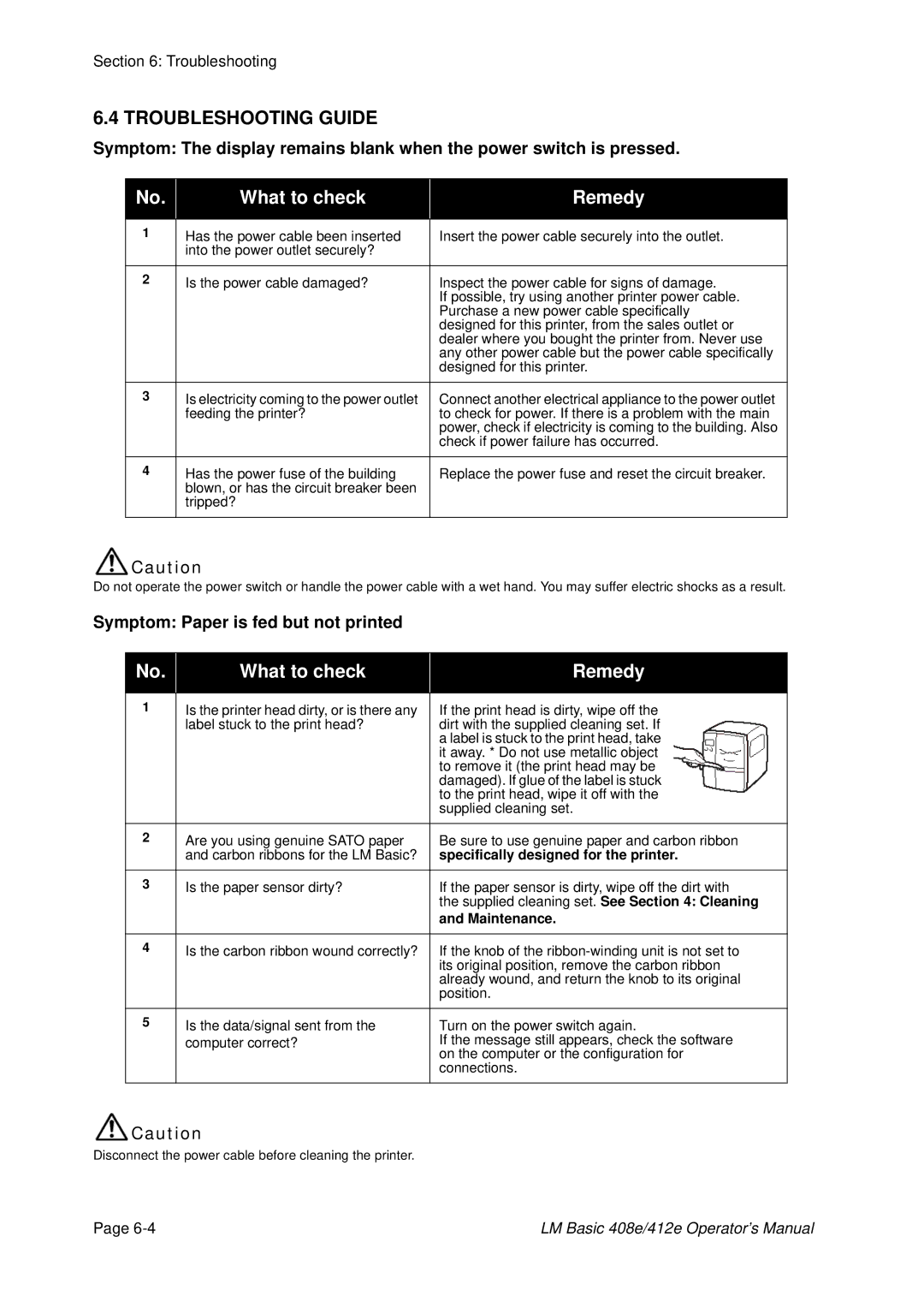 SATO 408e, 412E manual Troubleshooting Guide, Symptom Paper is fed but not printed 