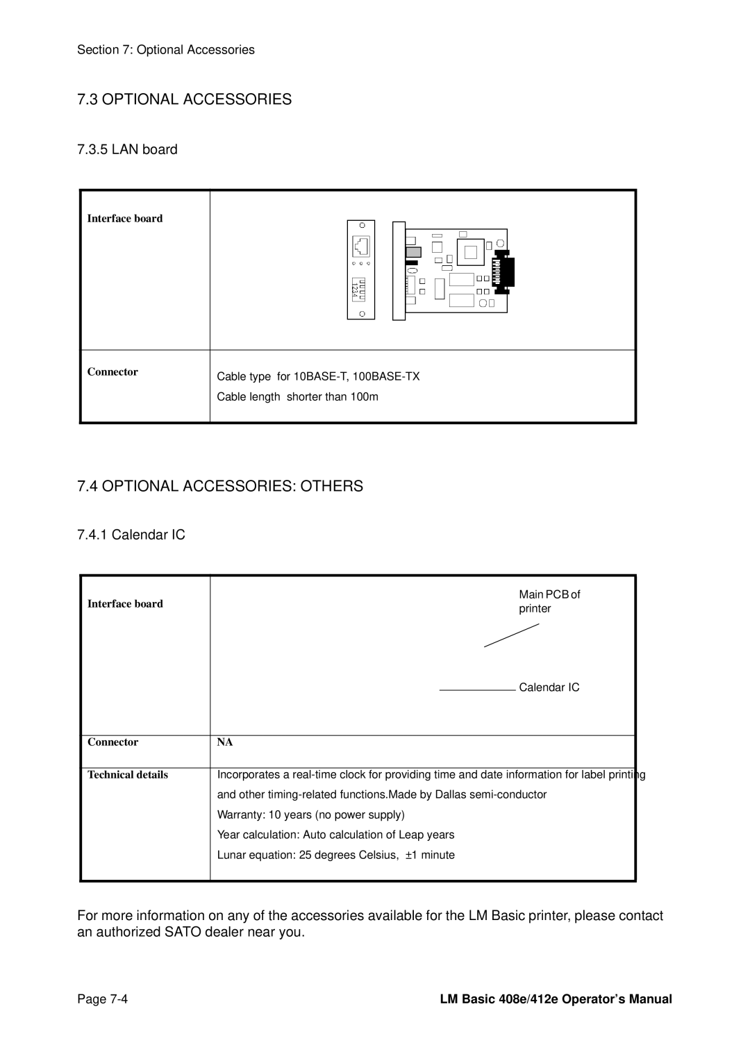 SATO 408e, 412E manual Optional Accessories Others, LAN board, Calendar IC 