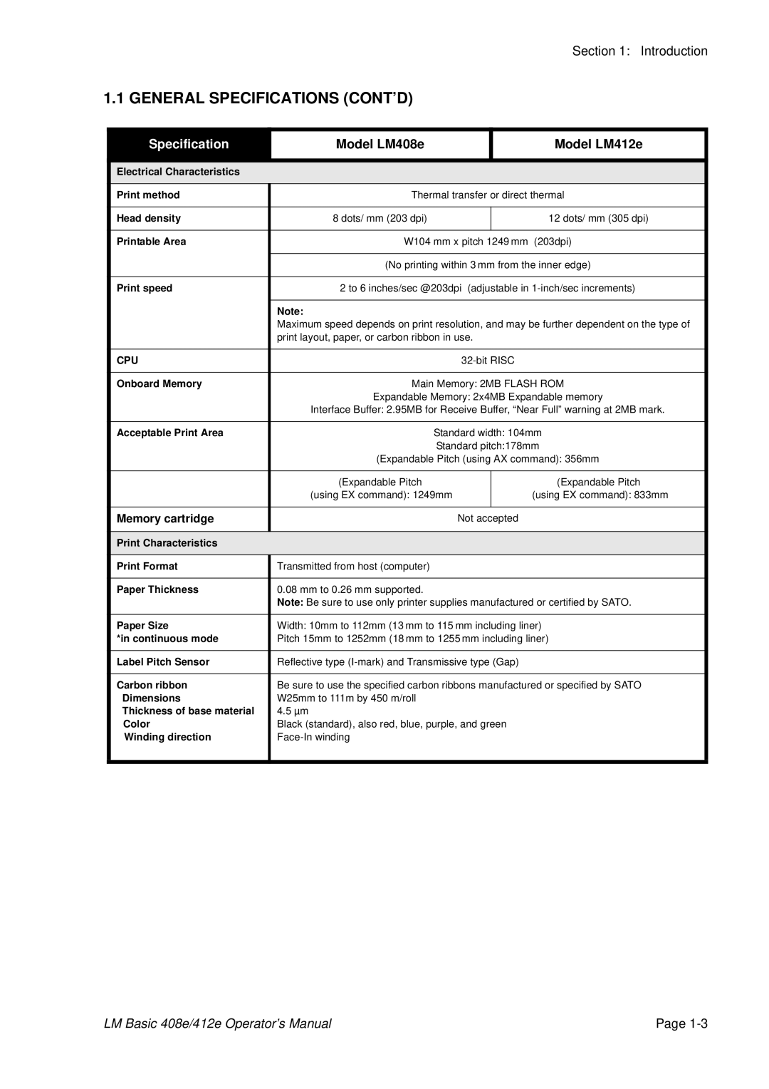 SATO 412E, 408e manual General Specifications CONT’D 