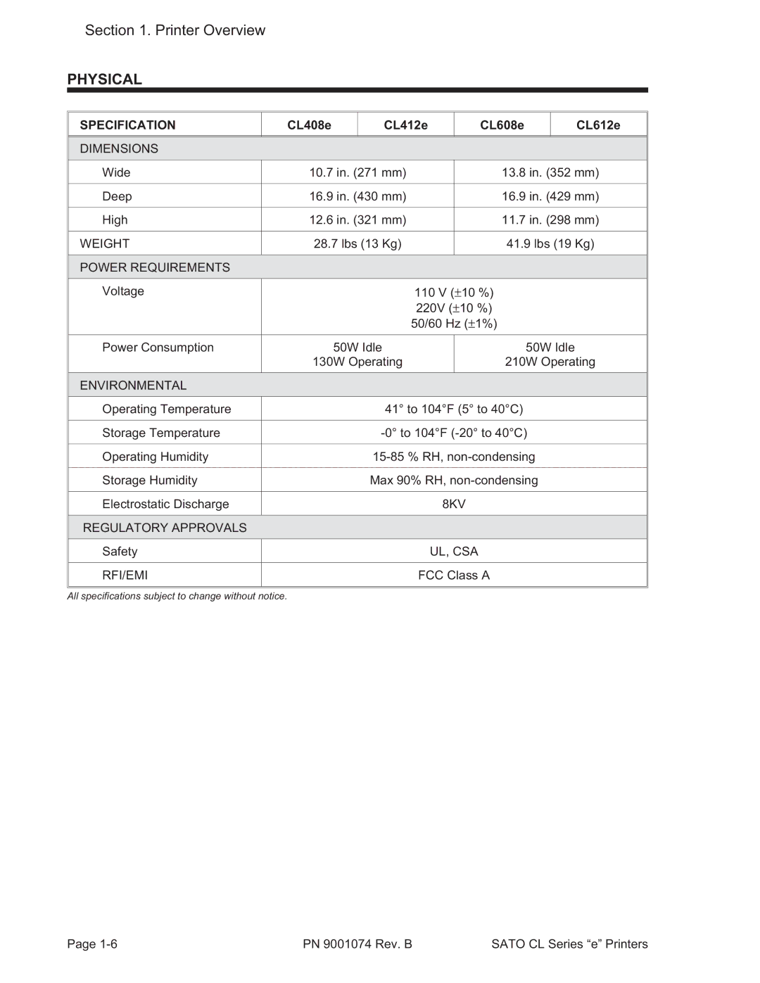 SATO 408e manual Physical, Power Requirements 