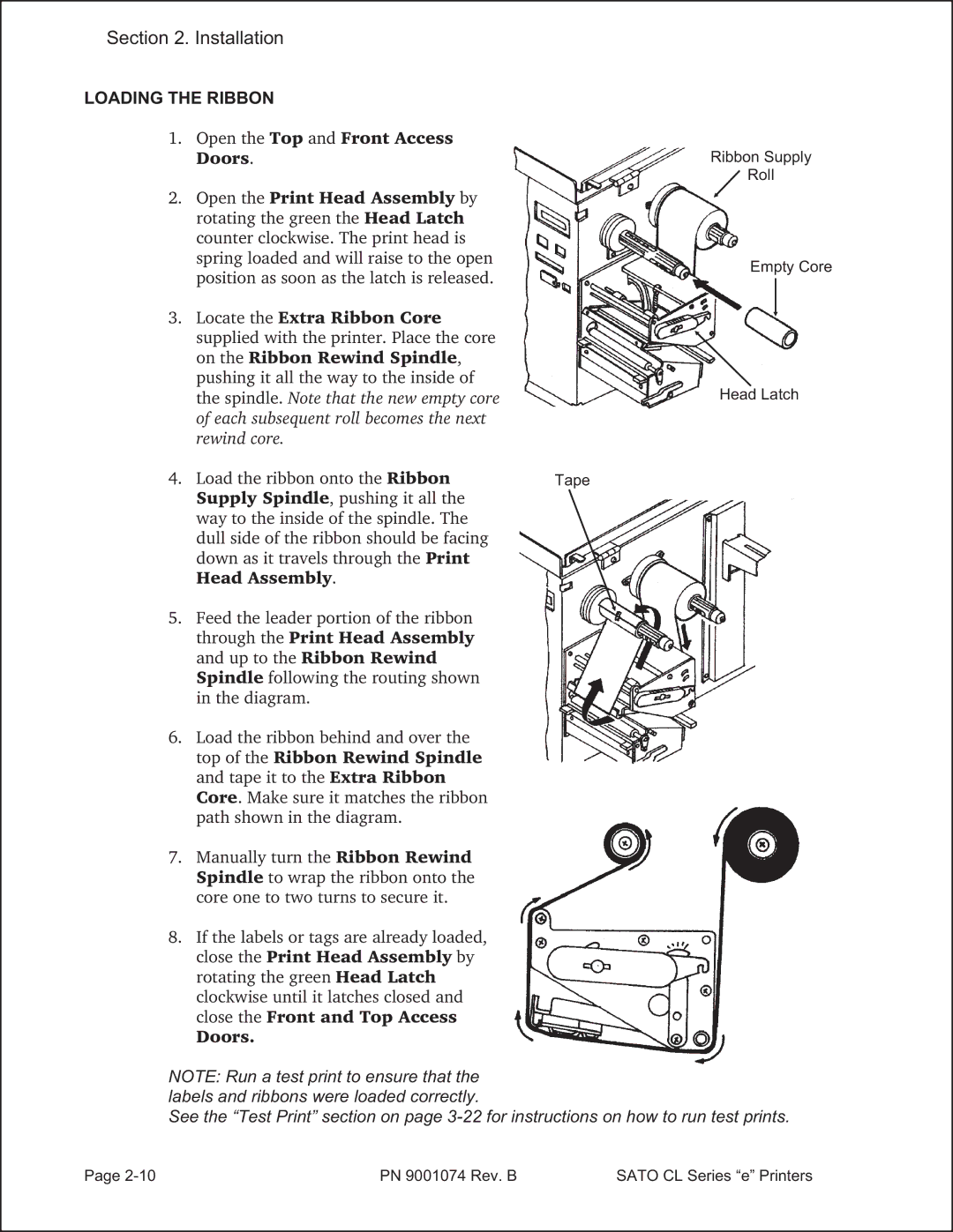 SATO 408e manual Open the Top and Front Access Doors, Through the Print Head Assembly, Top of the Ribbon Rewind Spindle 