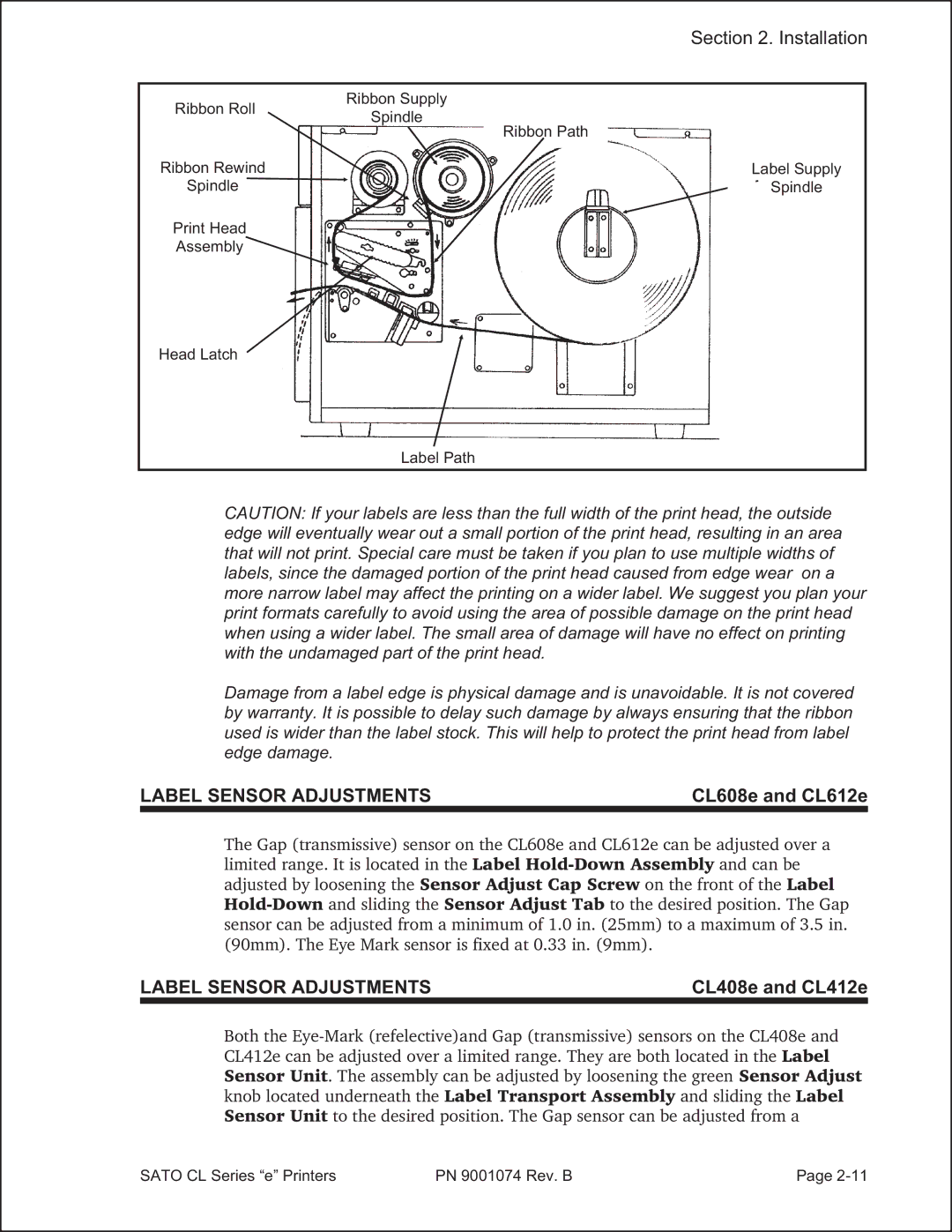 SATO 408e manual Label Sensor Adjustments, CL608e and CL612e 