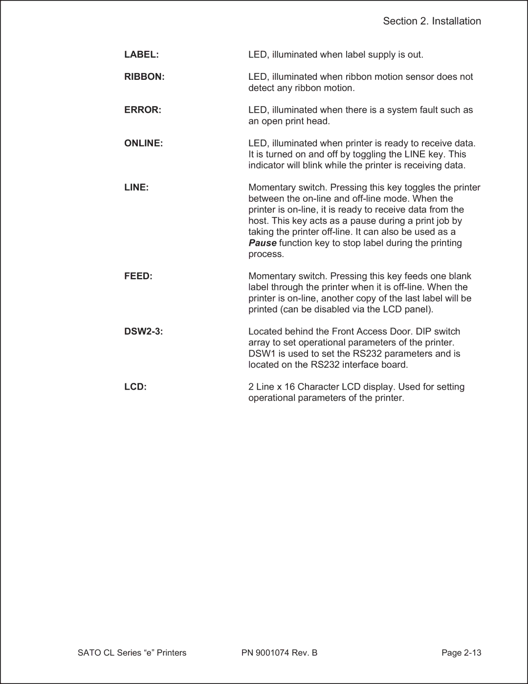 SATO 408e manual Label, Ribbon, Error, Online, Line, Feed, Lcd 